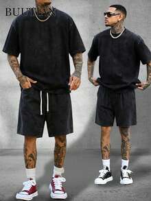 Men's 2PCS BUUTIAN Vintage Wash Solid Color T-Shirt & Denim Shorts Set, Multiple Color Combinations Available, Oversized Streetwear Casual Summer Joggermate Outfit, 90s Retro Casual Loungewear - 黑色 - 查看 1