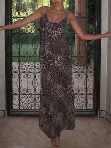 Spaghetti Strap Backless Leopard Print Fitted Long Dress Elegant Vacation Party Black - Black - View 6