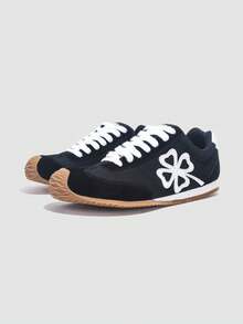 Jifffly 1 pereche de pantofi sport unisex retro, material floral cu trifoi cu patru foi și piele sintetică, talpă de cauciuc respirabilă antiderapantă, adidași la modă cu șireturi negre, model joș - Negru - Vizualizare 12