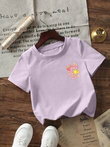 Girls' Cute Fruit & Bow Print Short Sleeve Round Neck Casual T-Shirt - Mauve Purple - View 4