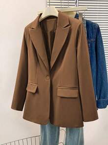 Blazer de mujer de unicolor con cuello entallado, diseño con bolsillos con botones, manga larga para uso en la oficina, versátil para negocios y uso casual, adecuado para otoño, invierno y primavera - Café integral - Ver 4