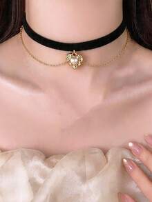 1件装 女士复古宫廷风心形珍珠丝绒链条项链，个性项链 - 彩色 - 查看 5