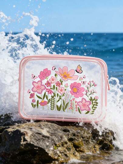 One Transparent Pvc Floral Pattern Toiletry Bag, Travel Organizer, Waterproof Cosmetic Organizer, Portable Zipper Cosmetic Bag, Transparent Storage Bag, Beach Bag, Swimsuit Bag. It Can Store Cosmetics, Toiletries, Jewelry, Data Cables And Medicines. A Travel Essential, A Gift For Family, Friends, Lovers Or Teachers, A Unique Birthday Gift, Holiday Gift, Party Gift, Mother'S Day Gift, Wedding Gift, Back-To-School Gift, Travel Gift.