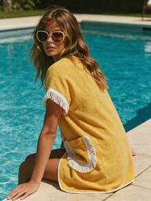 Women's 2 Piece Terry Cloth Loungewear Set, Fringe Trim Button-Down Top  Shorts, Casual Summer Outfit - Màu vàng - Xem 8