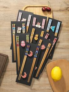 2 Pairs Japanese Natural Bamboo Chopsticks With 2 Bamboo Chopstick Rests Set, Japanese Print Bamboo Chopsticks And Natural Wooden Chopstick Holder - Multicolor - View 7