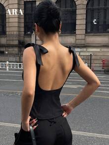 ARA CHIC 女款黑色無袖綁腰襯衫，蝴蝶肩帶露背短版上衣，適合約會與派對，夏季新品 - 黑色 - 查看 1
