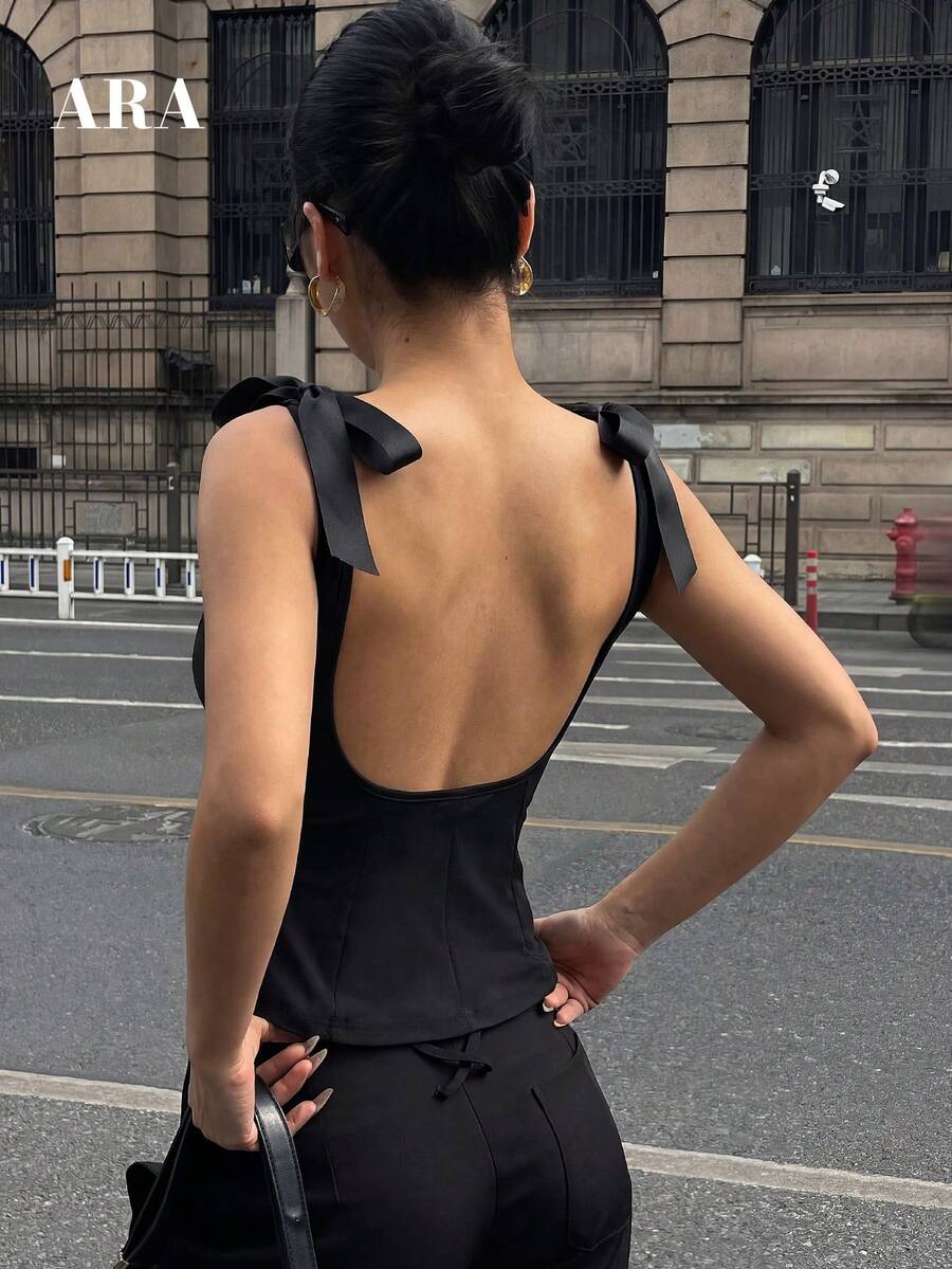 ARA CHIC 女款黑色無袖綁腰襯衫，蝴蝶肩帶露背短版上衣，適合約會與派對，夏季新品 - 黑色 - 查看 1