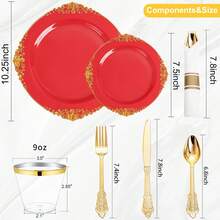 350pcs Red Gold Plastic Dinnerware Set For 50 Guests Includes 100 Gold Plates 50 Pre Rolled Silverware Sets 50 Cups Ideal For Weddings Parties - Red and Gold - View 9