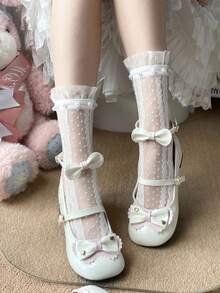 1 đôi tất nữ mùa hè mỏng bằng lưới kiểu Lolita đính cườm và ren, tất cao đến đầu gối trong suốt, ngọt ngào và tinh nghịch. - trắng - Xem 2