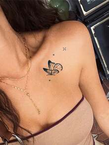 1pc Dotted Butterfly Temporary Tattoo, Waterproof & Long-Lasting, Shoulder/Collarbone Decor, Ins Style - Black - View 2