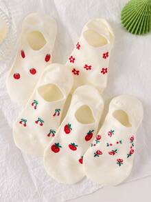 5 Pairs Cherry & Strawberry Pattern White Women's Boat Socks, Non-Slip, Breathable, Suitable For Spring/Summer - White - View 7