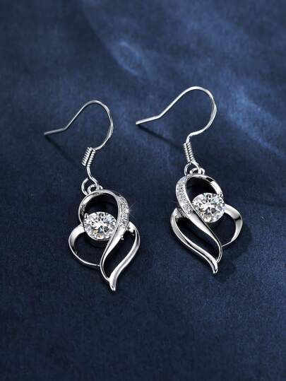 Vanel 1Pair Luxury Silvery Earrings, Intricate Floating CZ In Open Heart Setting, Fashion Jewelry For Women, Elegant Gift For Her