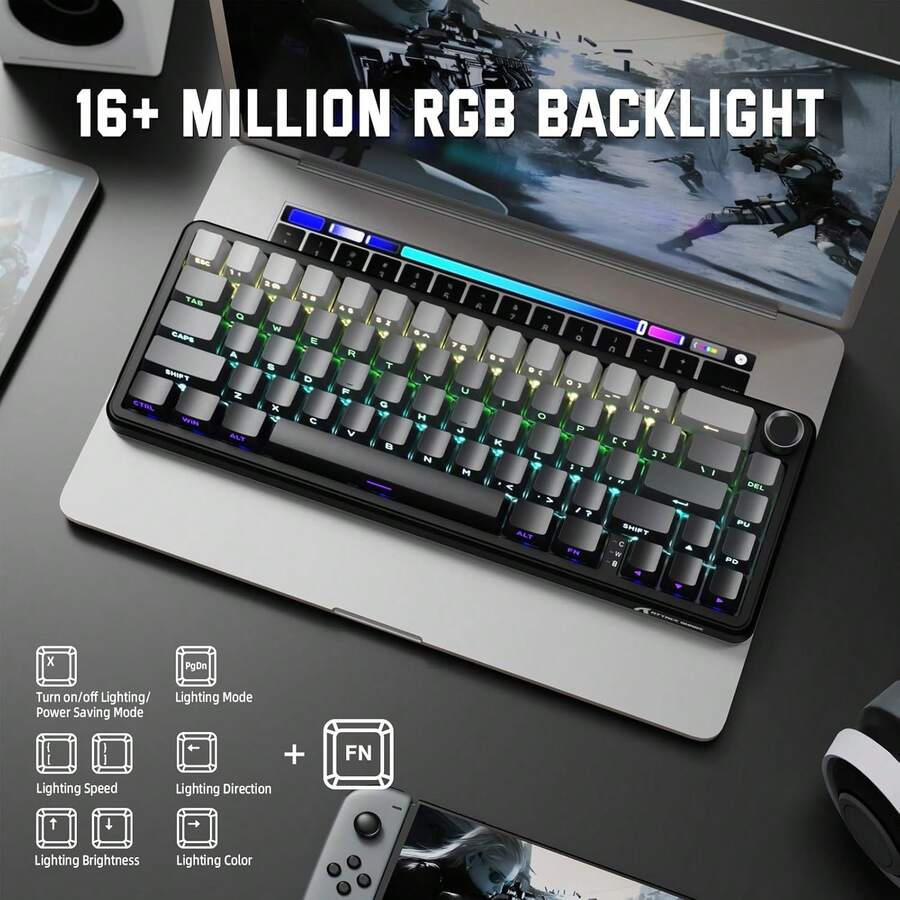 X66 Wireless Mechanical Gaming Keyboard, With Knob, 3 Modes USB-C/Bluetooth 5.0/2.4G, 60% RGB Backlit, Side-Printed PBT Keycaps, Hot-Swappable Strawberry Switches - Multicolor - View 1