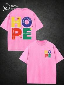 Playera Gráfica Casual Juveni23G Washed T-Shirt, Unisex Vintage Distressed Graphic Tee - Featuring Colorful "HOPE" Block Letters & "Holding On To God' - 玫紅色 - 查看 7