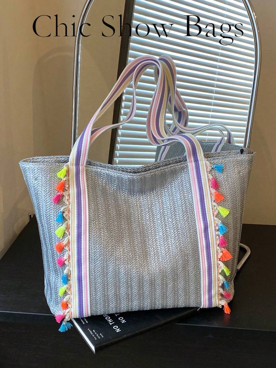 Large Capacity Casual Vacation Straw Tote Bag, Minimalist Elegant Women Shoulder Handbag - Grey - View 1