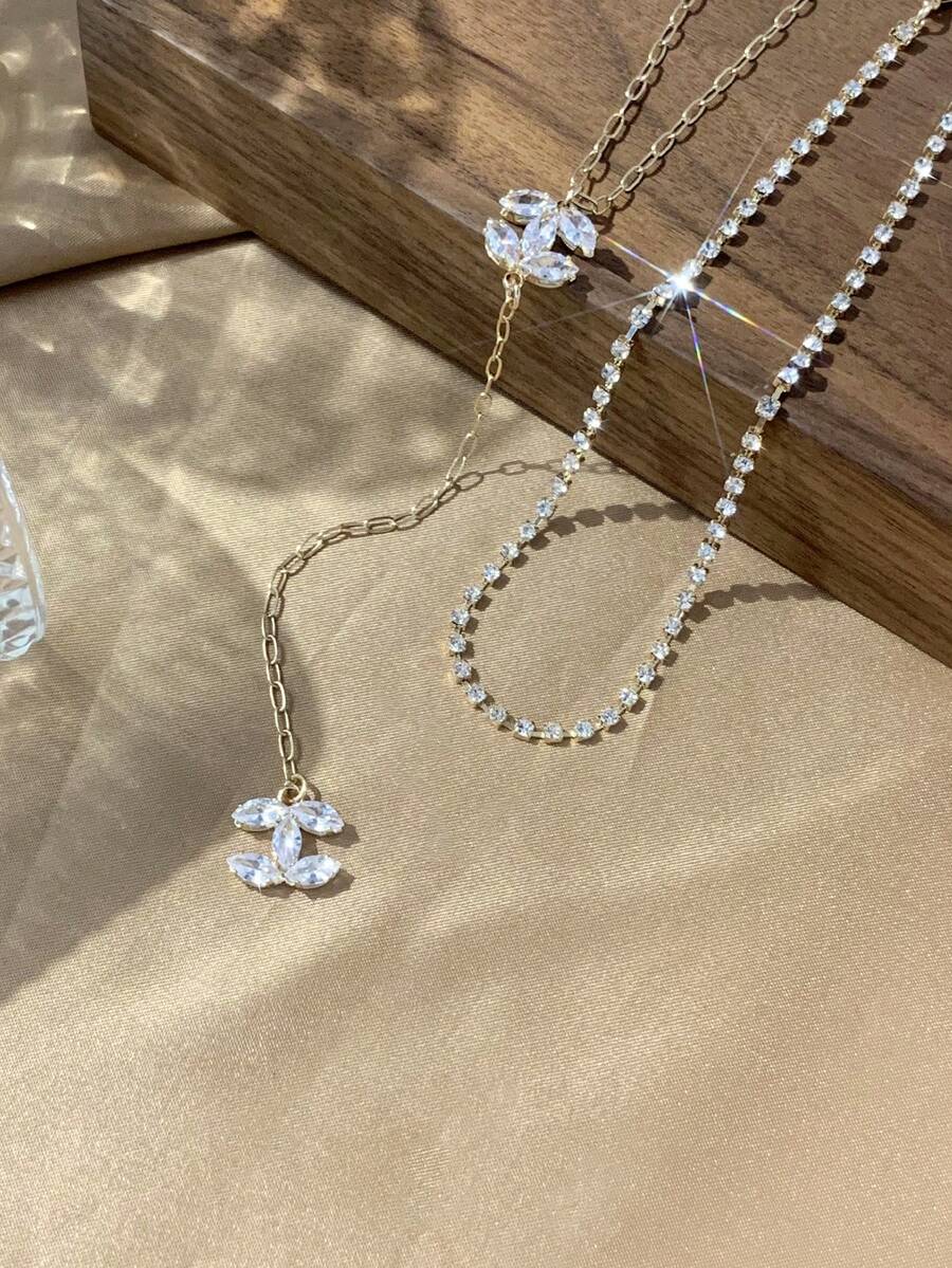 LADYCOCO 2pcs Fashionable & Elegant Gemstone Chain With Rhinestone Pendant Necklace, Y-Shaped Necklace Suitable For Women