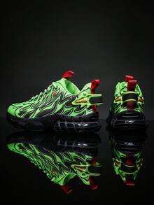 Men's Neon Green Flame Pattern Minimalist Casual Comfortable Running Shoes, Daily Colorblock Low-Top Commuting Outdoor Sports Sneakers - Green - View 9