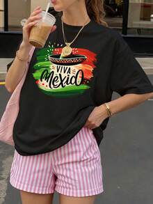 Camiseta Negra Viva Mexico con Sombrero y Bandera Mexicana para Fiesta y Verano - Negro - Ver 1