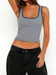 IGKEEL Top de estilo lencería de moda para mujer, camiseta sin mangas ajustada con cuello redondo y estampado de rayas para primavera/verano, ropa de vacaciones sexy y casual para mujer - Azul Marino - Ver 8