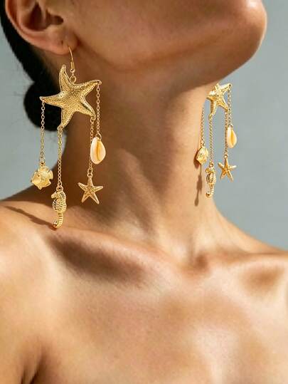 1 pieza Colgante de estrella de mar, caballito de mar y borla dorada, elegante joyería bohemia francesa de verano para playa y bikini