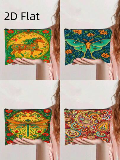 Bohemian Folk Art Animal Print Cosmetic Bag, Vibrant Paisley & Floral Themed Portable Zipper Pouch