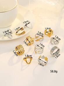 12pcs Stainless Steel Gold-Tone Fashion Open Rings Set, Floral, Wheat, Oval, Star & Moon Designs, With Pink Gift Box, Suitable For Women's Daily Decoration Or Gift - Gold and Silver - View 5