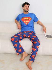 Noctvar OBM Sleepwear X SUPERMAN 男士圆领短袖印花上衣+松紧腰裤休闲睡衣套装（2件套） - 藍色 - 查看 6