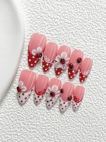 10Pcs Retro Sweetheart Style Handmade Nail Art Set,Unghie Press On,Hand Sculpted Five Petal Flower And Little Insect Nail Art Decorations,Red And White Nail Polish,Fresh Style,Comes With Nail Tools(1 Sheets Jelly Stickers+1PC Nail File)3 Sizes Available,Almond Nails, Duck Nails,Coffin Nails,Suitable For Reunion,Daily,Party,Photograph,Play,Spring Summer,Commute Supplies Nails - 彩色 - 查看 3