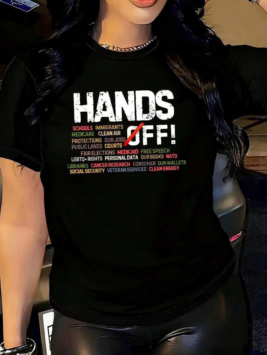 Hands Off Protest 1 Pcs Women's Plus Size T-Shirt Oversized Graphic Short Sleeve Tee 100% Polyester Novelty Shirt Crew Neck Top Casual Clothing 220g - 黑色 - 查看 1