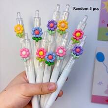 5支/套 随机花形笔尖可伸缩圆珠笔，书写流畅，中性笔型，适用于学生、考试、办公及日常使用（黑色） - 白色花朵筆 - 查看 7