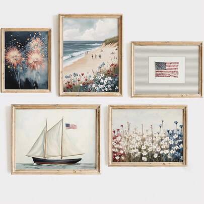 1pc, Canvas Wall Art, Framed Wall Decor, Patriotic Coastal-Themed Gallery Wall Art, Featuring A July 4th Beach Sailboat And American Flag Canvas Print, Along With A Vintage Fireworks And Wildflowers Watercolor Painting. This Nautical-Inspired Wall Decor In Neutral Tones Is Perfect For Living Rooms, Bedrooms, Dorms, Apartments, Offices, Farmhouses, Porches, And Beach Homes.