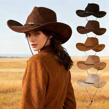Classic Cowboy Hat For Men Women Brown/Black/Tan Western Style,Soft Suede-Feel , Wide Brim Felt Fedora With Braided Leather Band & Adjustable Chin Strap, UV Protection Vintage Style Sun Hat For Men Women, Rodeo & Outdoor Use - Multicolor - View 6