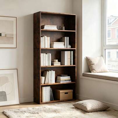 5-Tier Bookshelves With Adjustable Shelves, Floor Standing Bookcase For Home & Office Storage, Rustic Brown
