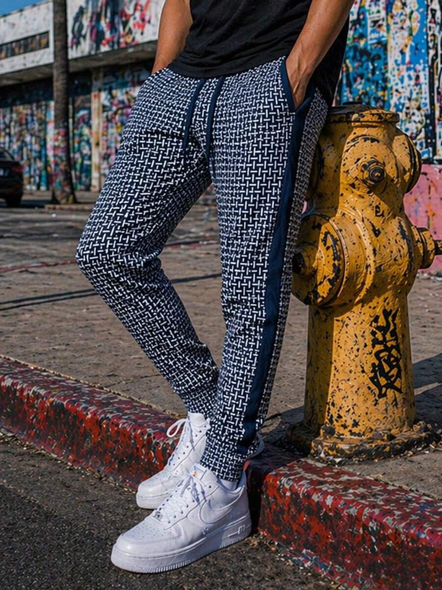 Men's Drawstring Waist All Over Print Track Pants Skinny Fit Casual Jogger Sweatpants Side Stripe Elastic Waist And Ankle Lightweight Gym And Fitness - Navy Blue - View 1