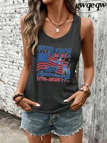 Women's USA 250th Anniversary 1776-2026 Patriotic Graphic Racerback Tank Top, 180G Vest Casual Summer Top, Independence Day Outfits Women, 4th Of July Vacation Outfits Women, Patriotic Graphic Tees Women - 深灰色 - 查看 1