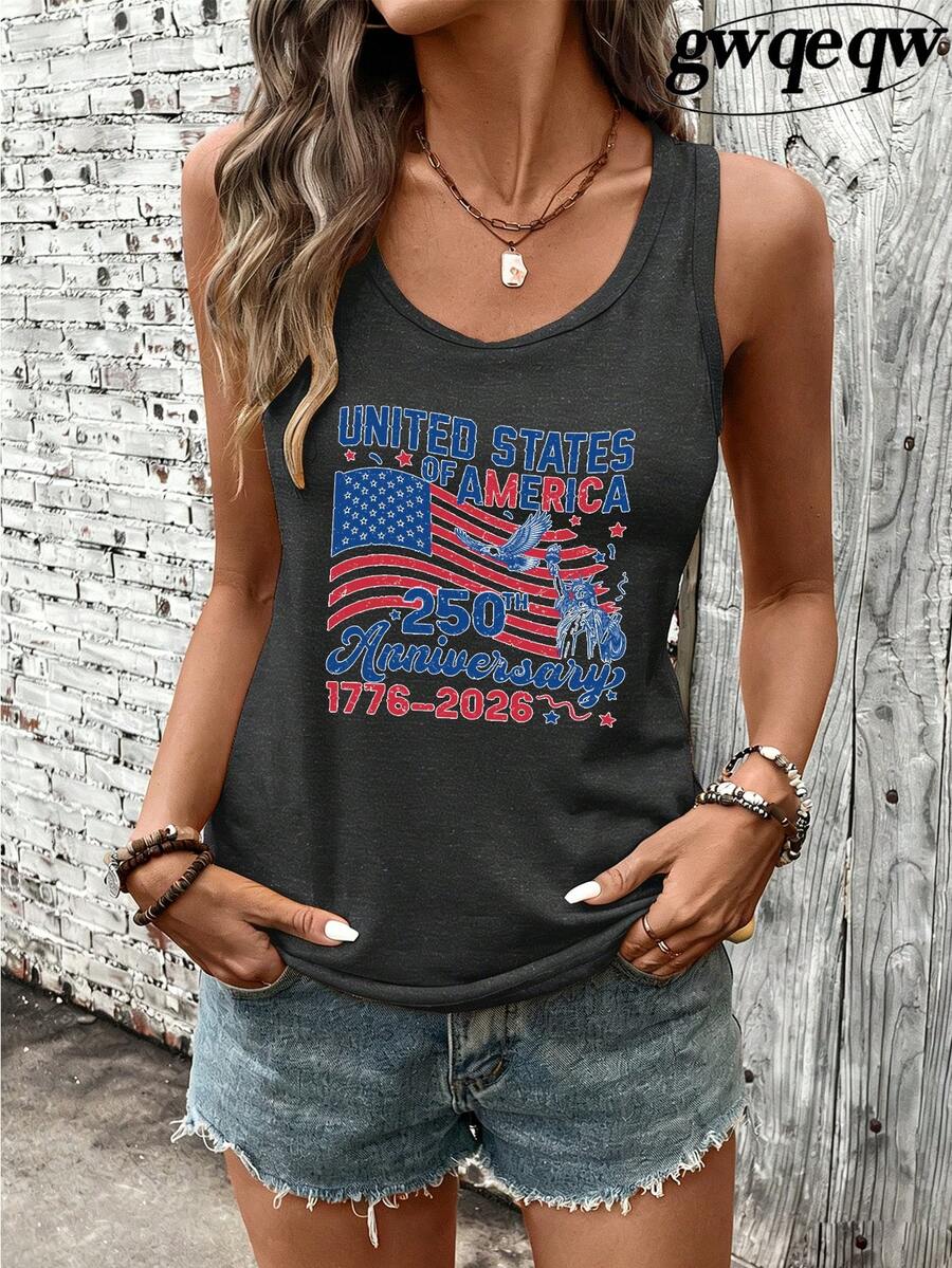 Women's USA 250th Anniversary 1776-2026 Patriotic Graphic Racerback Tank Top, 180G Vest Casual Summer Top, Independence Day Outfits Women, 4th Of July Vacation Outfits Women, Patriotic Graphic Tees Women - 深灰色 - 查看 1