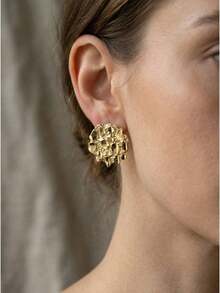 1 Pair Of Gold Nugget Stud Earrings - Faceted Gold Earrings, Round Design - Unisex Fashion Jewelry For Everyday Wear (Gift Box Not Included) - Bông tai - Xem 6