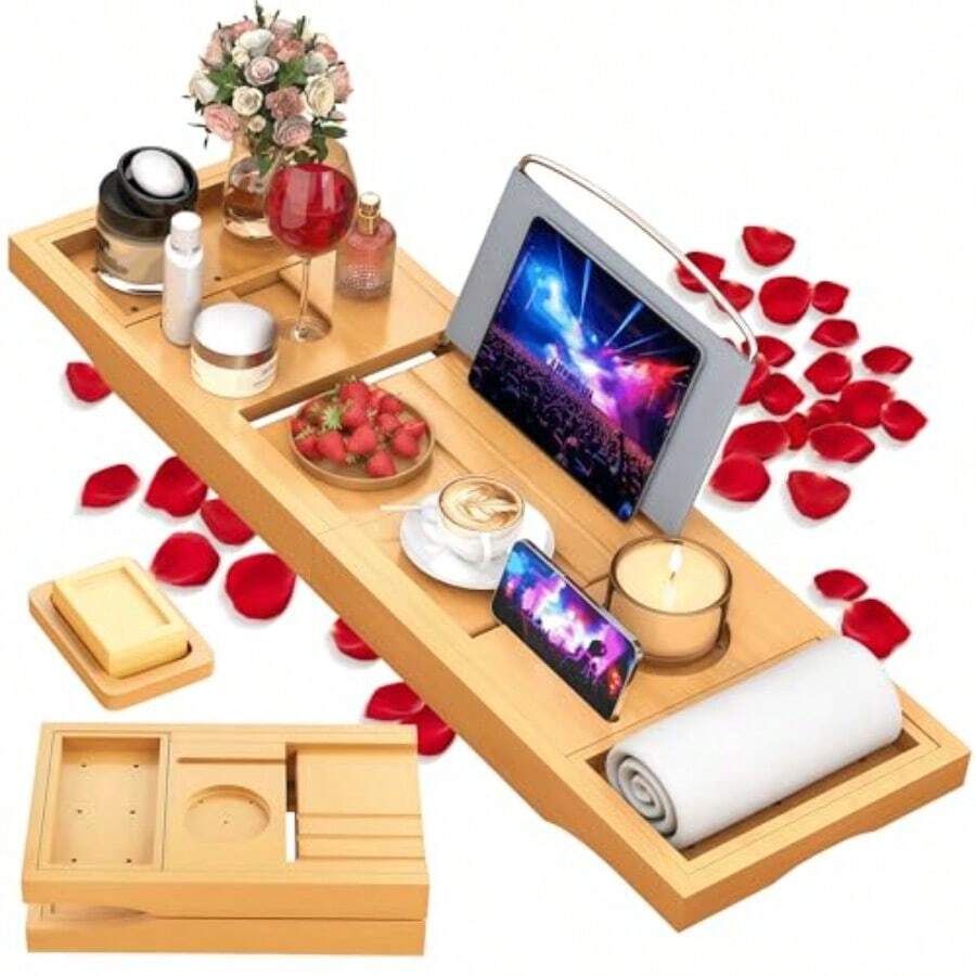 Foldable Bathtub Caddy Tray Bamboo Bath Tub Tray Table For Tub With Wine Glass Holder Book Phone Tablet Holder With Extending Sides Adjustable Bathroom Bathtub Free Soap Holder Gift Idea Beige - Beige - View 1