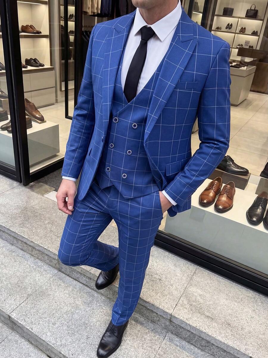 3 Pieces Men's Plaid Suit Set Slim Fit Checked Formal Blazer Vest Pants For Wedding Business Party Casual Tuxedo - 寶藍色 - 查看 1