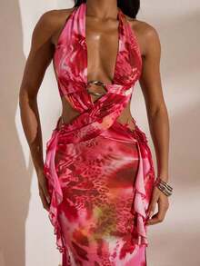 Women's Floral Print Halter Criss-Cross Wrap Sleeveless Dress, Resort Dresses For Women, Sexy Outfits For Women, Vacation Outfits ,Sexy Outfits For Women, Elegant Dress For Women,Date ,Going Out, Party, Club Outfits, Women Concert Dress,For Autumn And Winter, Mermaid, Bohemian Outfits, Ibiza Outfits, Western Style - Đỏ - Xem 1