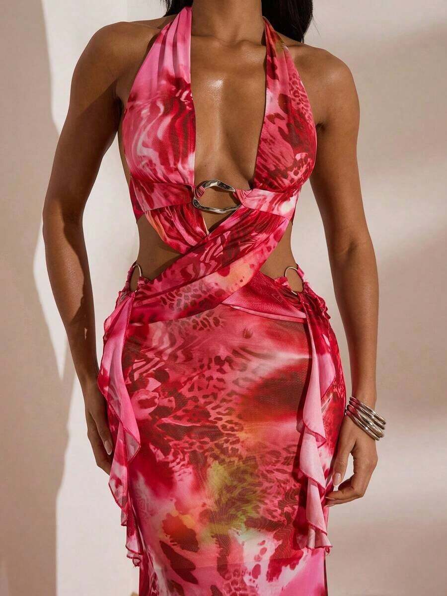 Women's Floral Print Halter Criss-Cross Wrap Sleeveless Dress, Resort Dresses For Women, Sexy Outfits For Women, Vacation Outfits ,Sexy Outfits For Women, Elegant Dress For Women,Date ,Going Out, Party, Club Outfits, Women Concert Dress,For Autumn And Winter, Mermaid, Bohemian Outfits, Ibiza Outfits, Western Style - Đỏ - Xem 1