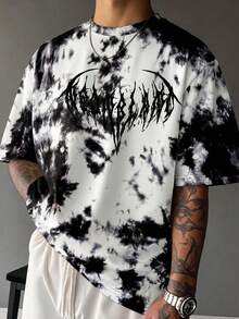 FRACTYR 男士夏季休闲美式复古水洗印花短袖T恤，宽松版型字母图案街头时尚上衣 - 白色 - 查看 2