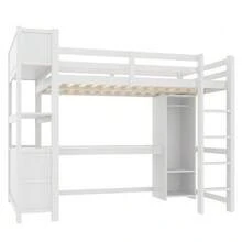 Loft Bed, 140 X 200 Cm, Shelves, Ample Storage, Desk, Wardrobe, Mattress Not Included, White - White - View 7