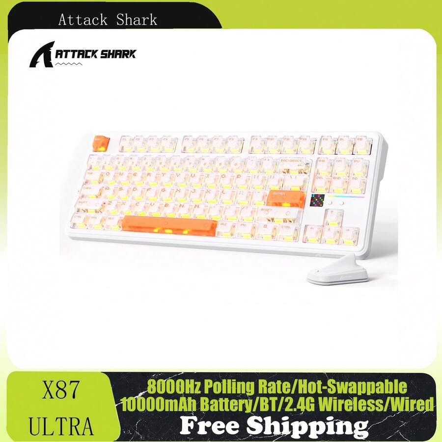 Teclado mecánico inalámbrico ATTACK SHARK X87, con receptor inalámbrico de 8K, batería de 10000mAh, pantalla de matriz de puntos, iluminación RGB de 16.8M, intercambiable en caliente, programable, adecuado para jugadores de PC