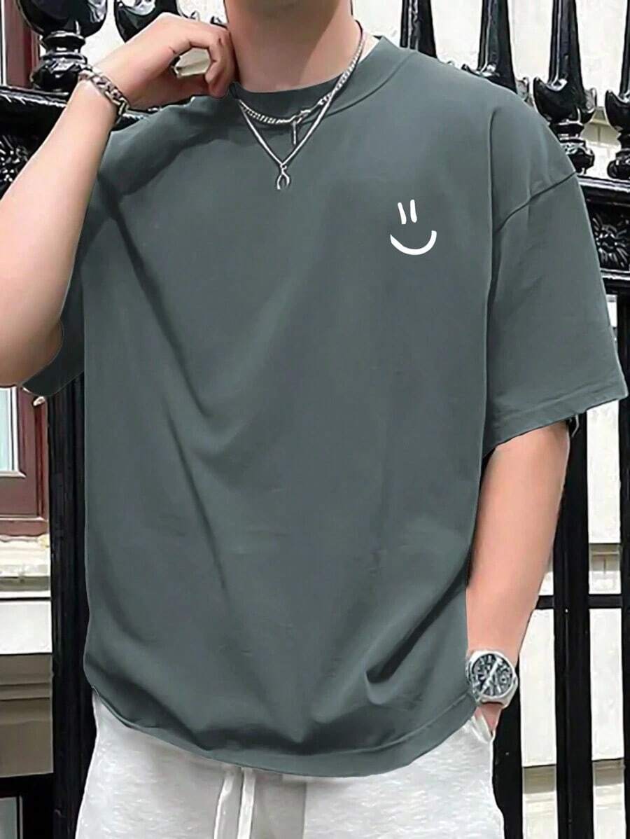 Expression Print Drop Shoulder T-Shirt - 綠色的 - 查看 1