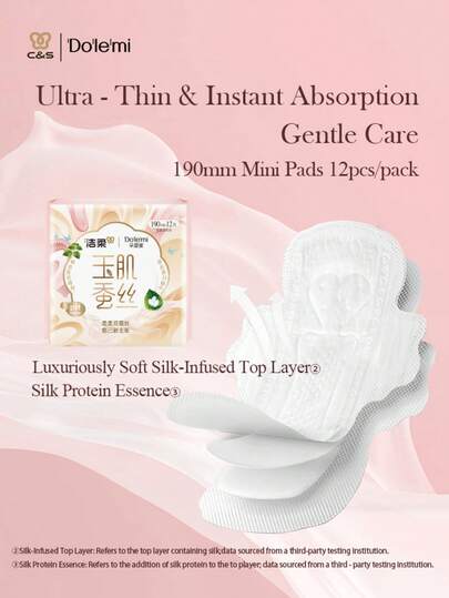 dolemi 12 miếng băng vệ sinh tơ tằm mini 190mm, tinh chất protein tơ tằm, dưỡng chất đa axit amin, độ pH hơi axit, thoáng khí, không mùi, an toàn khi sử dụng.