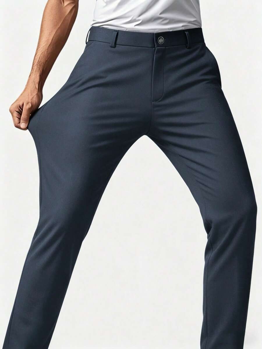 Classic Design Men's Trousers, Solid Color Stretch Formal Pants For Business Occasions In Spring And Summer, Elegant Luxury Style - Grey - View 1
