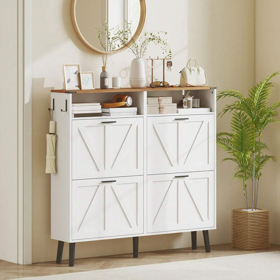 HOMCOM Shoe Storage Cabinet With 4 Flip Drawers, Farmhouse Narrow Shoe Cabinet With Adjustable Shelves, Open Shelves, Hooks For Entryway, Hallway, Holds Up To 24 Pairs, White - White - View 1