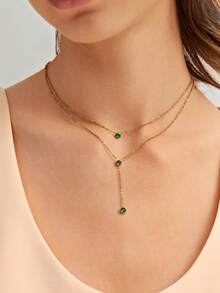 Green Zirconium Decorated Multi-Layered Y-Shaped Fashionable Stainless Steel Necklace - Green - View 1