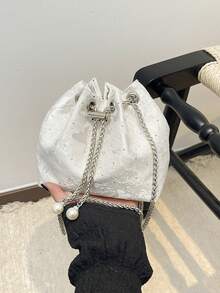 1pc Nylon Solid Color Drawstring Chain Pearl Decor Plush Pendant Accessory, Fashionable Rivet Crossbody Bag For Women - White - View 8